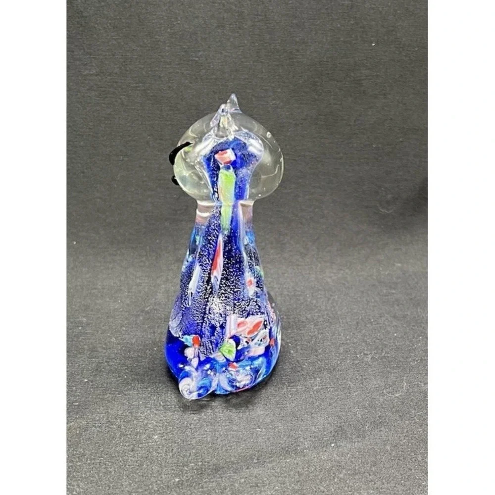 MURANO GLASS CAT FIGURINE OR PAPERWEIGHT Silver Argento Blue Millefiori 4.5